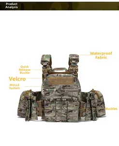 Detailed diagram of camouflage tactical vest featuring MOLLE system and quick-release buckles