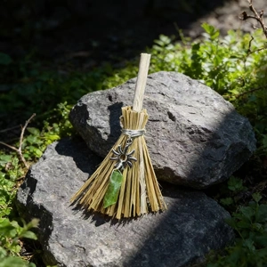 Mini witch broom decor with silver sun pendant and green crystal on a natural rock