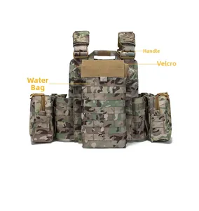 Tactical vest detail featuring MOLLE system, water bag pouch, and Multicam camouflage fabric