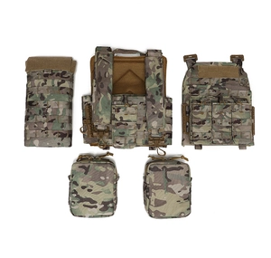 Detailed view of MultiCam tactical vest components with MOLLE webbing and magazine pouches