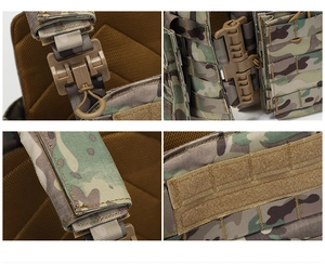 Tactical vest detail featuring ROC quick-release buckle and Molle system in Multicam camo