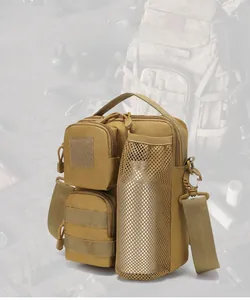 Macro view of khaki tactical shoulder bag with MOLLE webbing and side mesh water bottle pocket