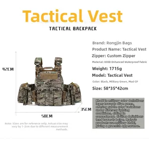 Detail view of a camouflage tactical vest featuring modular MOLLE pouches and 800D fabric