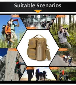 Tactical crossbody bag shown in versatile scenarios like hiking, cycling, and photography