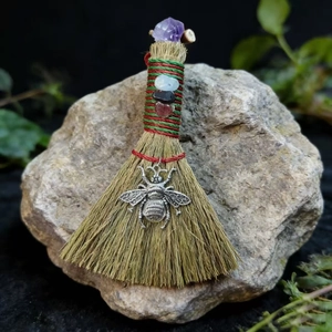 Handmade witch broom with amethyst and silver bee pendant for holiday party decoration