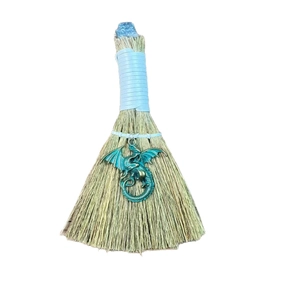 Handmade witch broom decor with blue crystal stone and dragon charm for Halloween