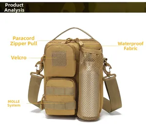Tactical crossbody bag detail showing waterproof fabric, MOLLE system and paracord zipper