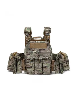 Detailed front view of Multicam tactical vest with MOLLE system and magazine pouches