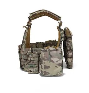 Side view of MultiCam tactical vest featuring modular MOLLE webbing and utility pouches