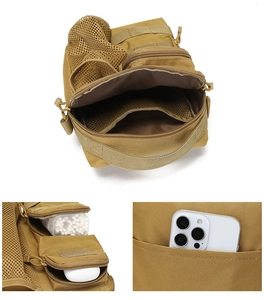 Detail view of coyote brown tactical bag showing multi-pocket storage and Molle system