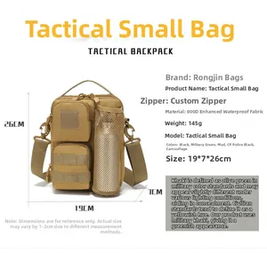 Detail view of khaki tactical bag made of 800D waterproof fabric with 19x7x26cm dimensions