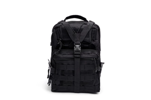 Front view of tactical chest bag showing MOLLE webbing system and V-shaped buckle strap