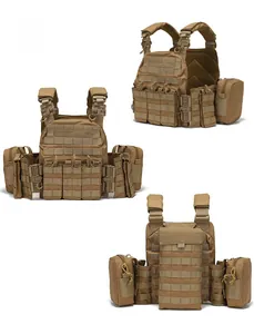 Three-angle view of Tan MOLLE tactical vest with plate carrier system and accessory pouches
