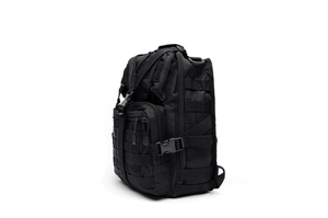 Detail view showing durable MOLLE webbing system and multi-compartment tactical shoulder bag