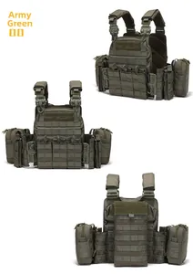 Detailed views of army green tactical vest showing MOLLE system and adjustable straps