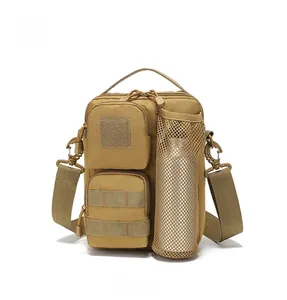 Tactical tan sling bag with dual front pockets and side mesh water bottle holder