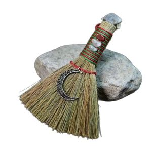 Handmade Halloween witch broom with red-green cord and silver moon moon pendant