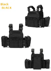 Three-view layout of a black tactical vest with MOLLE system and magazine pouches