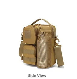 Detail view of khaki tactical bag with side mesh pocket and adjustable shoulder strap
