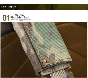 Close-up of camo tactical vest shoulder pad with Velcro straps and durable nylon