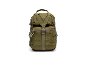 Army green tactical chest bag featuring MOLLE system webbing and durable plastic buckles