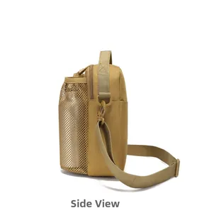 Tactical crossbody bag side view with mesh pocket holding a water bottle and strap