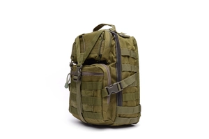 Detail view of tactical shoulder bag with MOLLE webbing and durable military green fabric