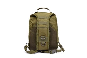Breathable mesh padding and MOLLE system on military green tactical shoulder bag