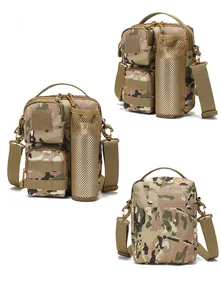 Tactical crossbody bag detail showing CP camouflage pattern and mesh water bottle pocket