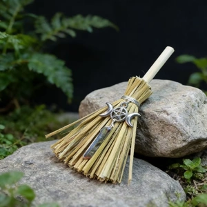 Mini witch broom with pentagram charm and purple crystal cluster for altar decor