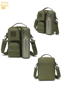 Detail view showing military green tactical bag with side water bottle mesh pocket