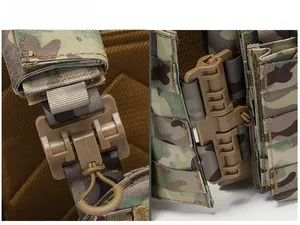Detail of durable tan tactical buckle with pull cord on camouflage outdoor vest fabric