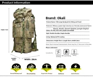 Spécifications de taille pour sac à dos de randonnée camouflage 100L étanche 78x38x28cm