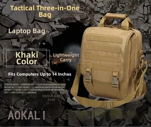 Detail of khaki tactical laptop bag featuring MOLLE system and waterproof fabric
