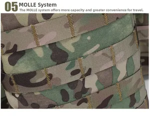 Detail of high-density nylon multicam tactical vest showing reinforced MOLLE webbing system