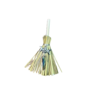 Mini witch broom decor with triple moon goddess pentagram and iridescent crystal pendant