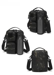 Detailed views of multi-pocket tactical cross-body bag in black camouflage with bottle holder
