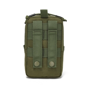 Army green tactical MOLLE pouch made of durable nylon with webbing straps and metal snaps