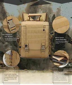 Detail showing MOLLE system, adjustable buckles, and interior laptop compartment of the tactical bag