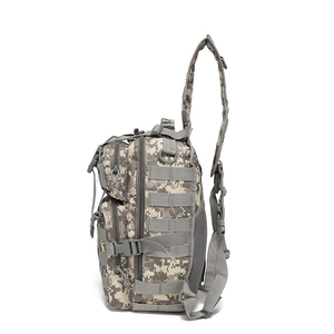 Detail of tactical chest bag showing Molle webbing system and mesh side pocket