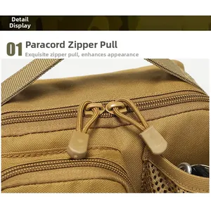 Detail view of durable nylon tactical bag with dual zippers and paracord pullers