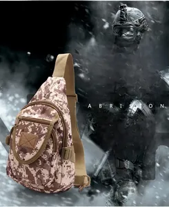 Detail of desert camo tactical chest bag with MOLLE system and multi-pocket design