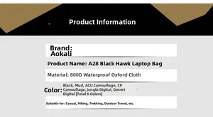 Detailed specs of A28 tactical bag made of 800D waterproof high-density oxford fabric