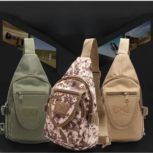 Detail view of durable military tactical sling bags in camo and olive for outdoor sports
