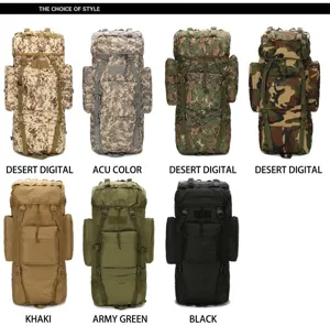 Übersicht großer 65L-Taktikrucksäcke in sieben Farben inklusive Camo und Khaki-Optionen