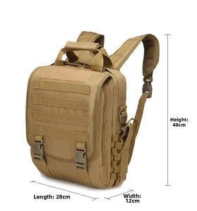 Tactical khaki backpack dimensions detail showing 48cm height, 28cm length, and 12cm width