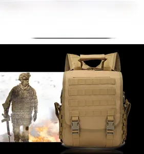 Detail of khaki tactical nylon backpack showing Molle system and dual buckle closure