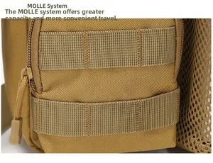 Detail view of khaki tactical bag showing heavy-duty MOLLE system webbing and tear-resistant fabric