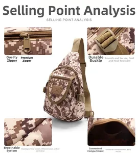 Detail view of camouflage tactical sling bag showing zippers, buckle and durable nylon fabric
