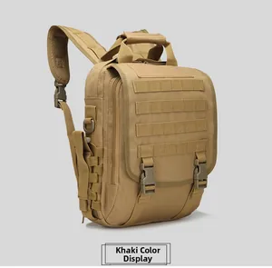 Detail of khaki tactical bag with MOLLE system and heavy-duty handle for outdoor use